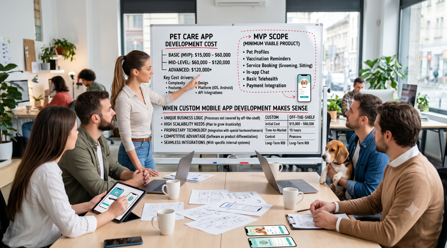the team discusses pet care app development